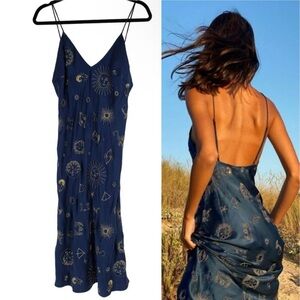 Realisation Par Zodiac 1996 Dress Blue Gold Embroidered Silk Slip Dress Medium